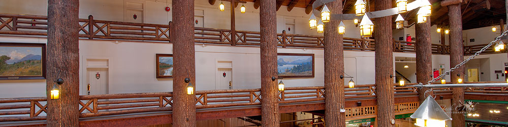 Inside lodge with pictures of Glacier National Prk